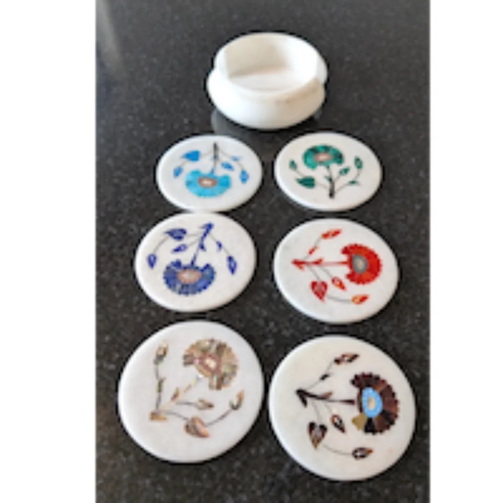 Handcrafted Marble Inlay Floral Coasters Set of 6 + Holder